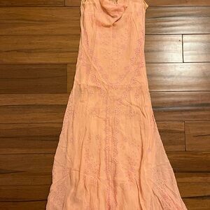 Chic Orange and Pink Strapless Sleeveless Maxi Sundress for Resort Wear